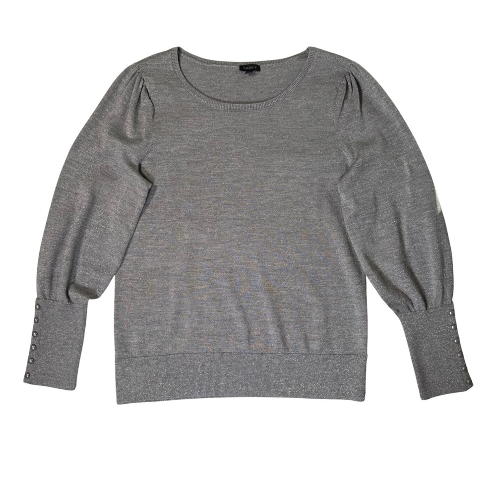Talbots Silver Metallic Merino Wool Sweater Button Cuff Puff Sleeve Gray Medium